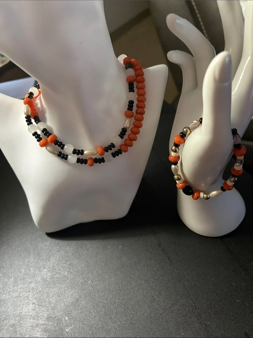 Handcrafted Orange & Black Bead Necklace and Bracelet Set